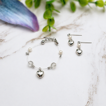 Silver Heart Charm Nylon String Pearl & Acrylic Crystal Necklace & Earrings • 14 Inch Fashion Doll Jewelry