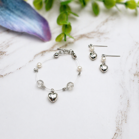 Silver Heart Charm Nylon String Pearl & Acrylic Crystal Necklace & Earrings • 14 Inch Fashion Doll Jewelry