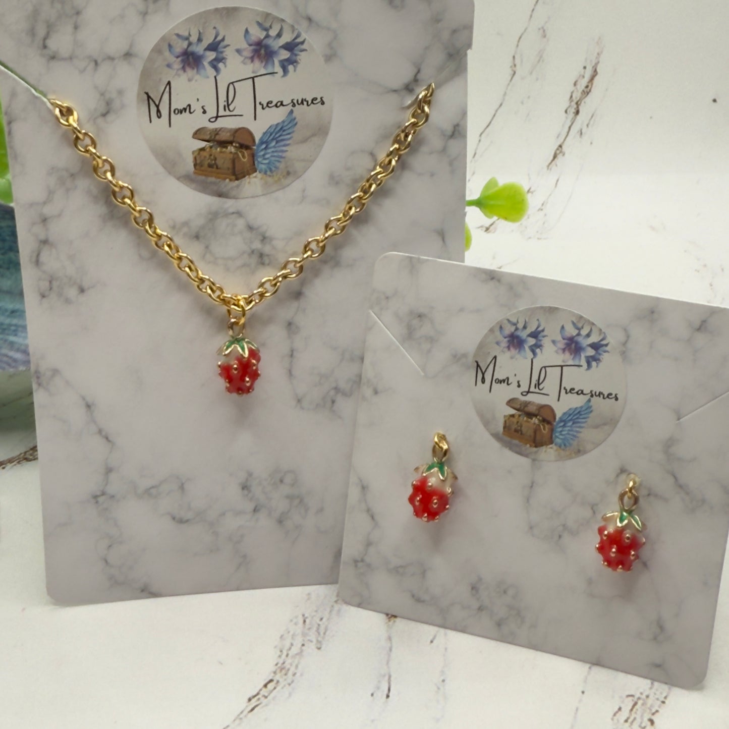Strawberry Enamel Gold Charm Necklace & Earrings Set • 18 Inch Fashion Doll Jewelry
