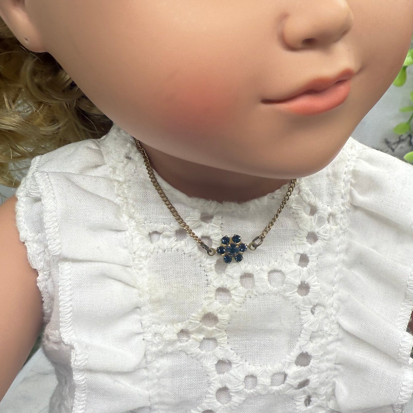 Tiny Blue Rhinestone Flower Gold Chain Doll Necklace • 18” Fashion Doll Jewelry