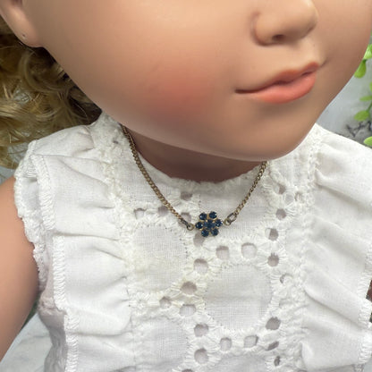 Tiny Blue Rhinestone Flower Gold Chain Doll Necklace • 18” Fashion Doll Jewelry