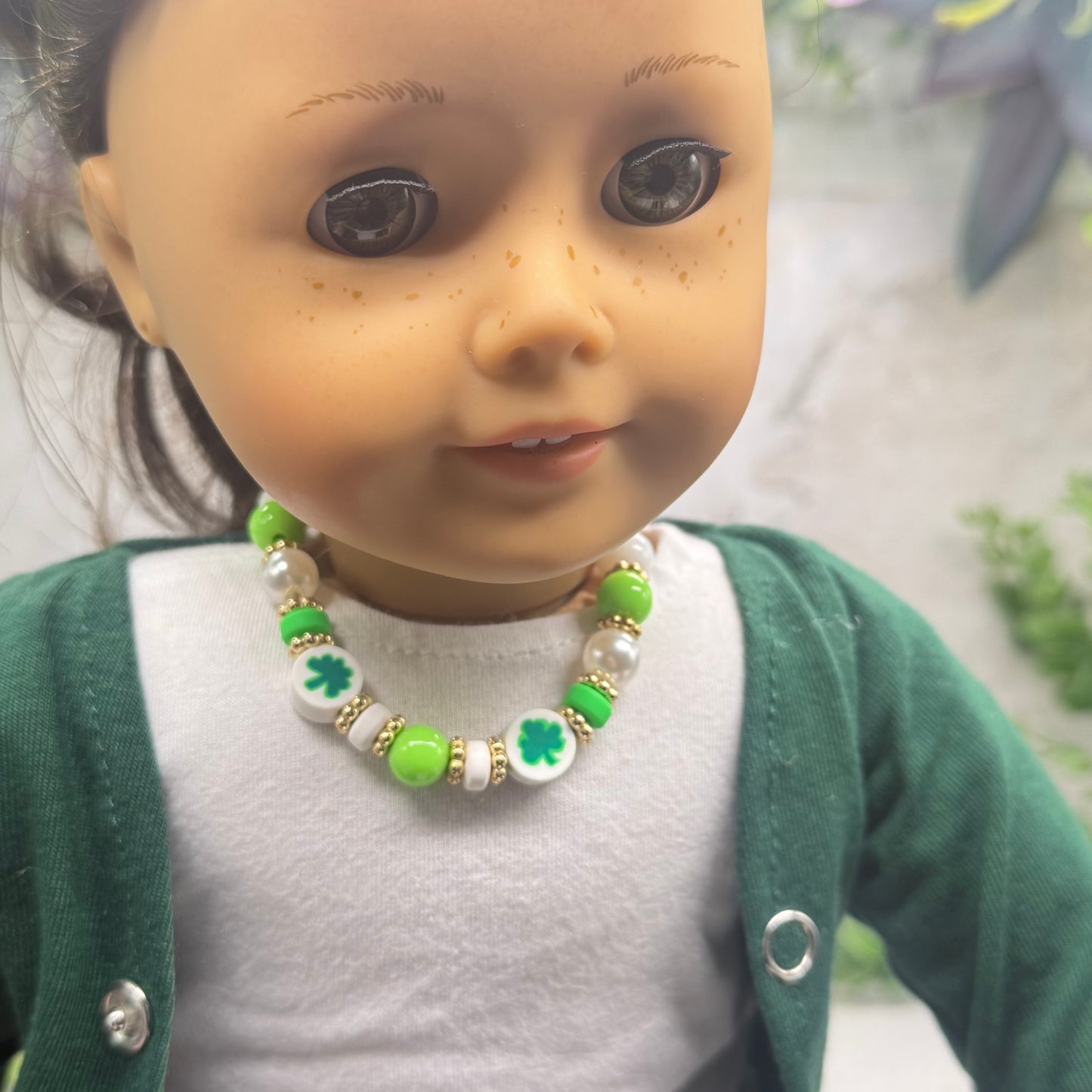Green White Bubble Gum Beaded Four-Leaf Clover Doll Necklace • 18 Inch Fashion Doll Jewelry