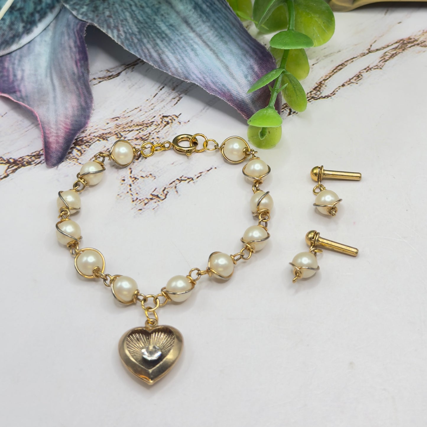 Pearl Beaded Gold Heart Rhinestone Center Necklace & Earrings • 18 Inch Fashion Doll Jewelry