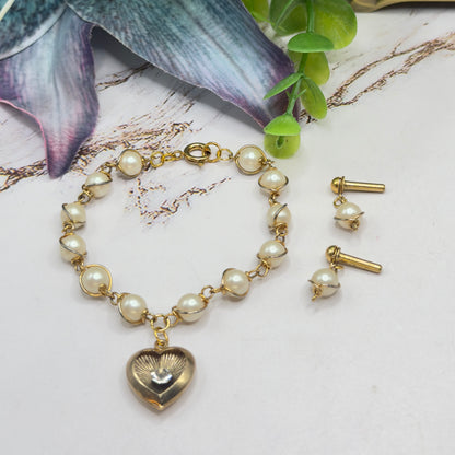 Pearl Beaded Gold Heart Rhinestone Center Necklace & Earrings • 18 Inch Fashion Doll Jewelry
