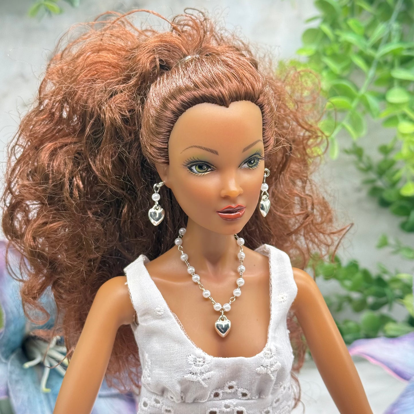 Pearl Beaded Silver Heart Charm Doll Necklace & Earrings • 16 Inch Fashion Doll Jewelry
