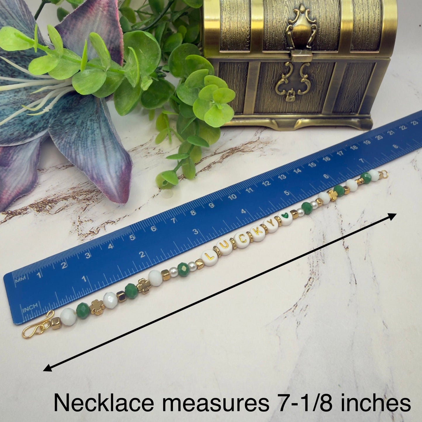 “Lucky” Green White Shamrock Beaded Doll Necklace • 18 Inch Fashion Doll Jewelry
