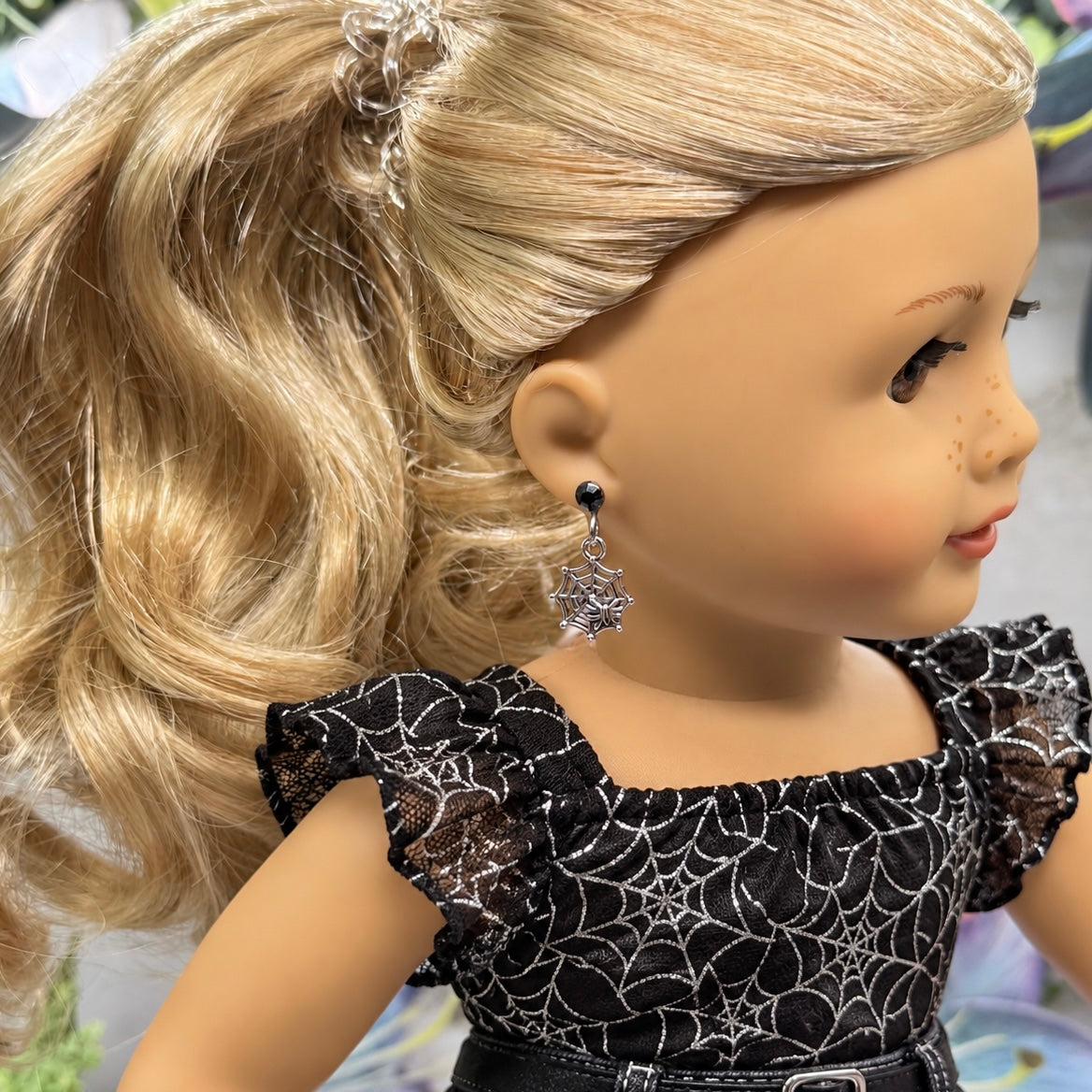 Silver Spider Web Halloween Dangle Black Rhinestone 2mm Post Doll Earrings • fits 18 Inch Doll • American Girl