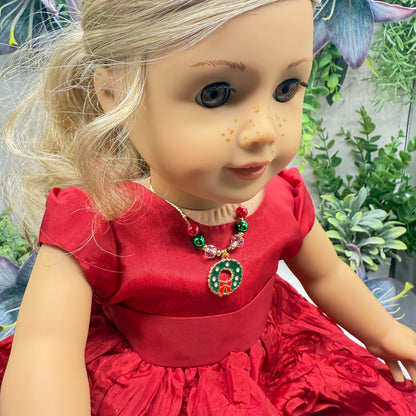Christmas Wreath Charm Red Green Beaded Gold Doll Necklace • 18 Inch Fashion Doll Jewelry