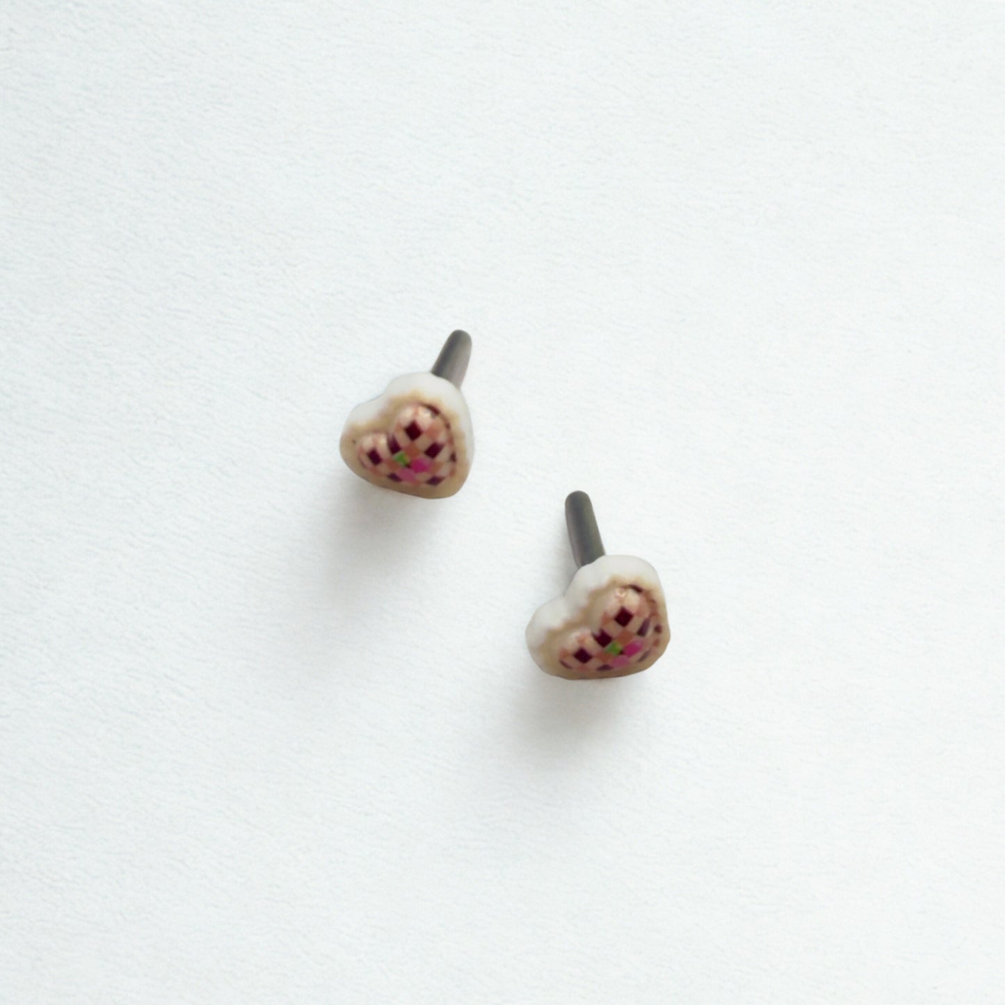 Pink Beige Lattice Design Heart Post Doll Earrings • 2mm Post for 18 Inch Fashion Doll