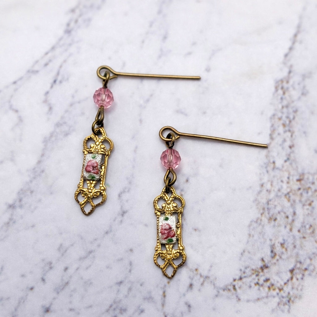 Pink Crystal Rose Design Gold Filigree Dangle Doll Earrings • 16” Doll Jewelry