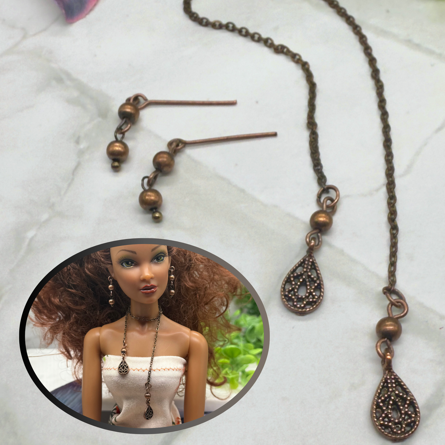 Copper Color Teardrop Dangle Wrap Doll Necklace Earring Set • 16” Doll Jewelry