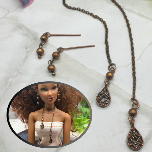 Copper Color Teardrop Dangle Wrap Doll Necklace Earring Set • 16” Doll Jewelry