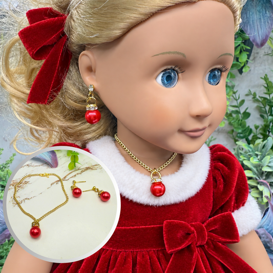 Red Pearly Christmas Ornament Charm Doll Necklace & Earrings Set • 18 Inch Fashion Doll Jewelry