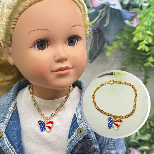 American Flag Red White Blue Butterfly Charm Doll Necklace for 18 Inch Fashion Doll