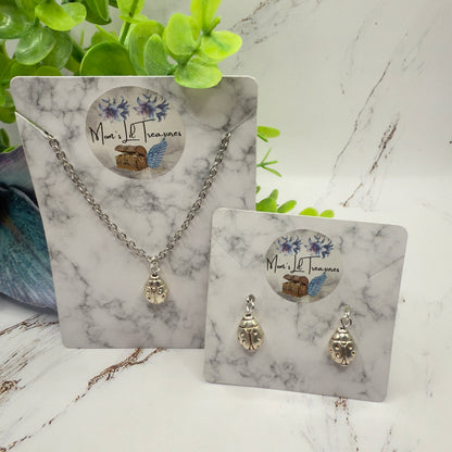 Silver Lady Bug Charm Doll Necklace & Earrings Set • 18 Inch Fashion Doll Jewelry