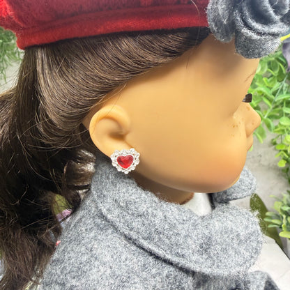 Red Rhinestone Heart Silver Post Doll Earrings • 2mm Post for 18 Inch Fashion Doll