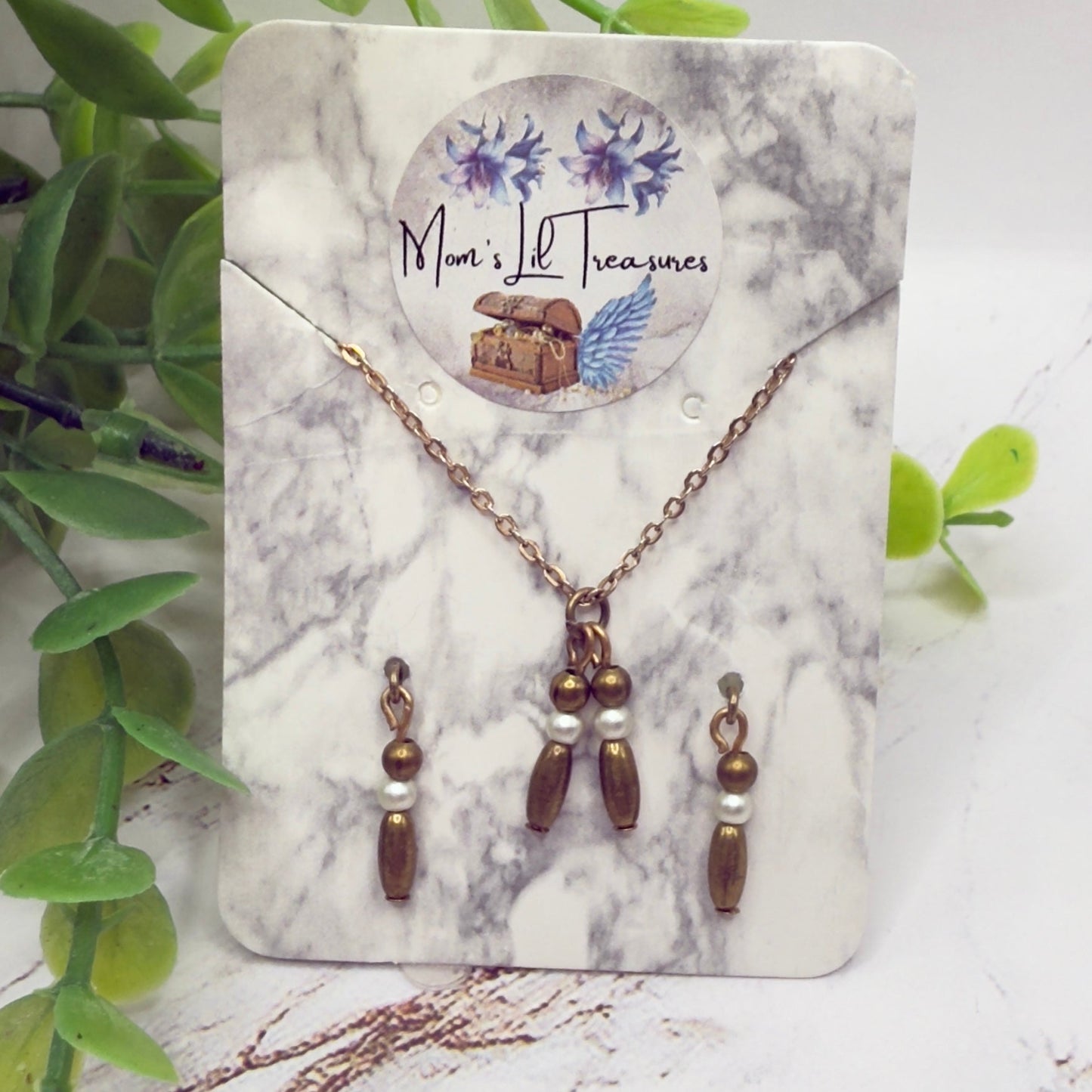 Bronze Brass Tone Pearl & Metal Bead Dangle Doll Necklace Earrings Set • 16 Inch Fashion Doll Jewelry