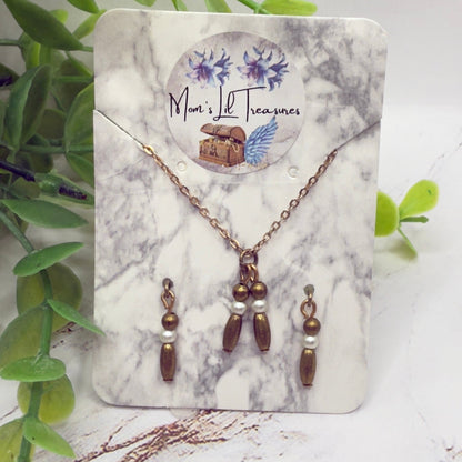 Bronze Brass Tone Pearl & Metal Bead Dangle Doll Necklace Earrings Set • 16 Inch Fashion Doll Jewelry