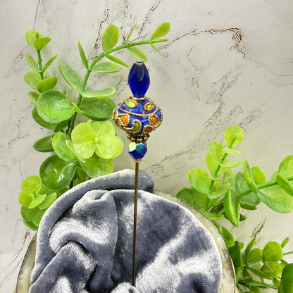 Cobalt Blue Crystal Bright Color Floral Swirl Design Cloisonné - 6 Inch • Hatpin - Stick Pin