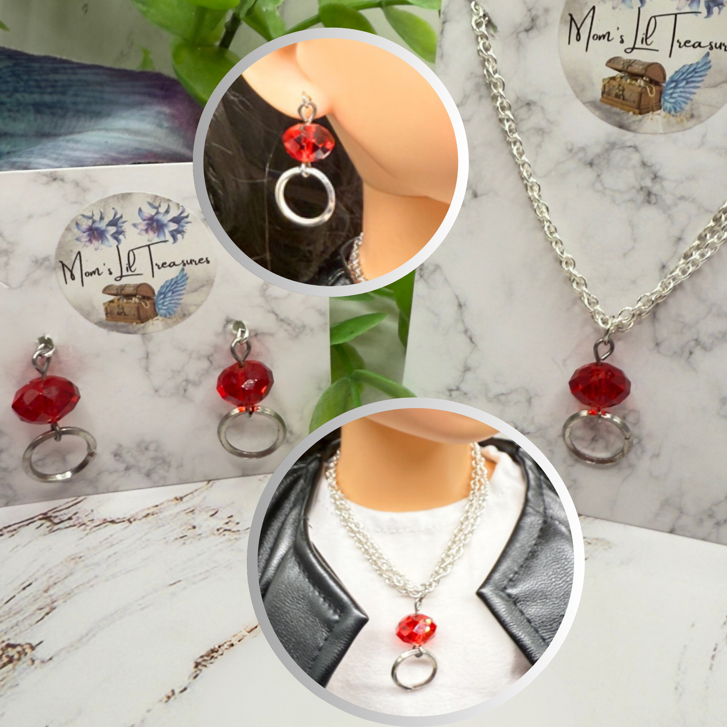 Red Acrylic Crystal Silver Circle Dangle Doll Necklace & Earrings • 18 Inch Fashion Doll Jewelry