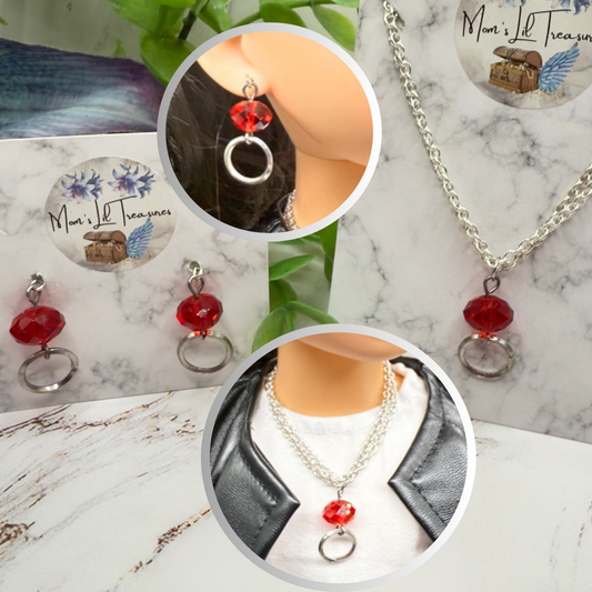 Red Acrylic Crystal Silver Circle Dangle Doll Necklace & Earrings • 18 Inch Fashion Doll Jewelry