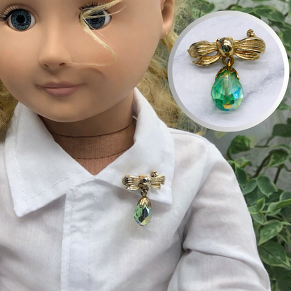 Green Glass Crystal Gold Bow Dangle Doll Pin •  Doll Brooch