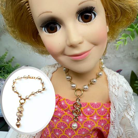 Pearl Gold Spiral Design Y-Style Doll Necklace • 18-22 Inch Fashion Vintage Doll Jewelry