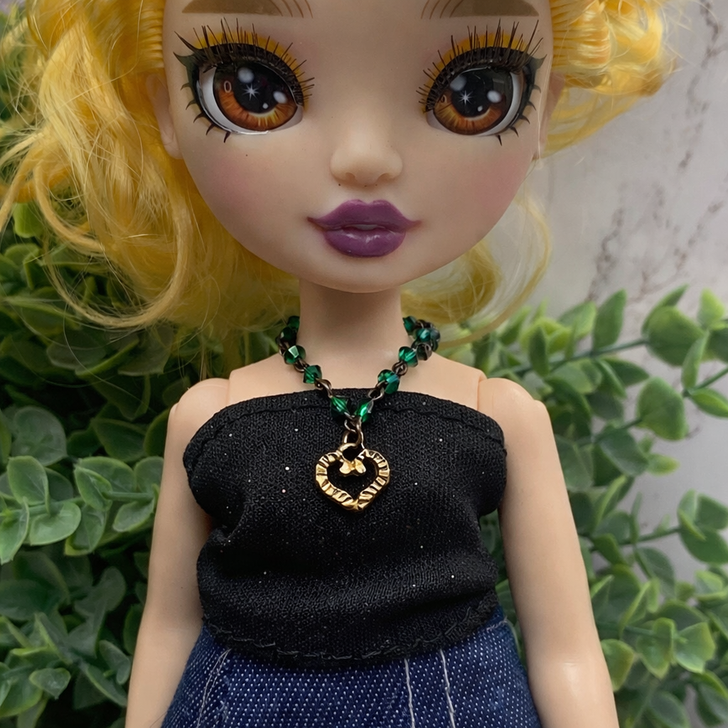 Green Bead Gold Heart Pendant Doll Necklace - RH • 10-12” Fashion Doll Jewelry