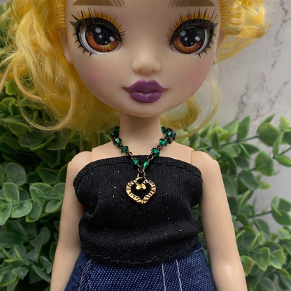 Green Bead Gold Heart Pendant Doll Necklace - RH • 10-12” Fashion Doll Jewelry