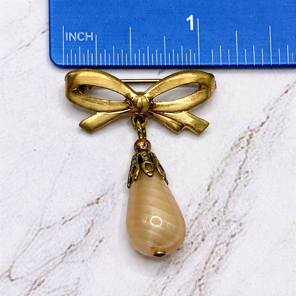 Tan Beige Glass Teardrop Pendant with Gold Tone Bow Pin • Doll Brooch