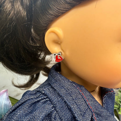 Burgundy Red Silver Christmas Bell Post Doll Earrings • 2mm Post for 18 Inch Fashion Doll