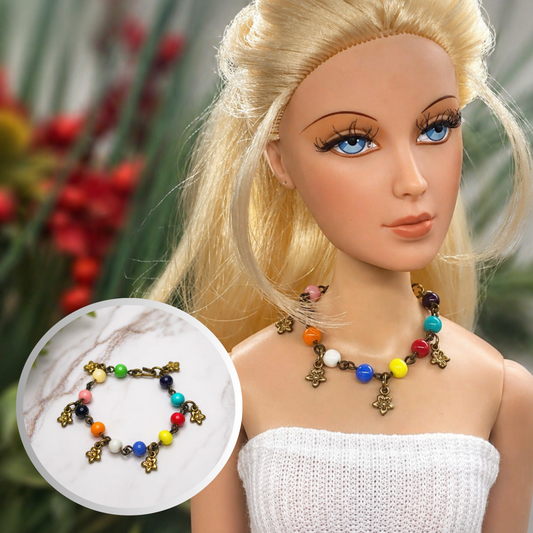 Multi Color Glass Bead Dangle Flower Charm Doll Necklace • 16 Inch Doll Jewelry