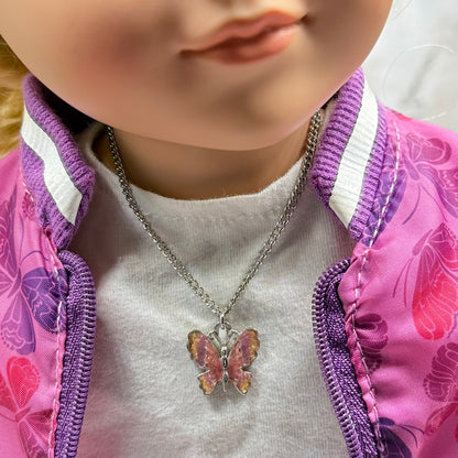 Mauve Pink Purple Orange Glitter Enamel Butterfly Silver Doll Necklace • 18 Inch Fashion Doll Jewelry