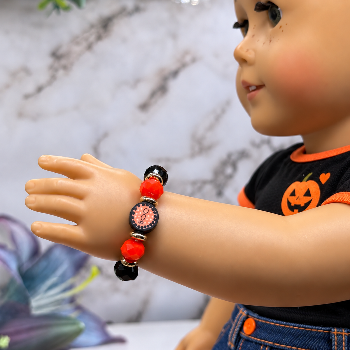 Orange Black Red Beaded Boo Halloween Stretch Bracelet | for 18 Inch Fashion Doll