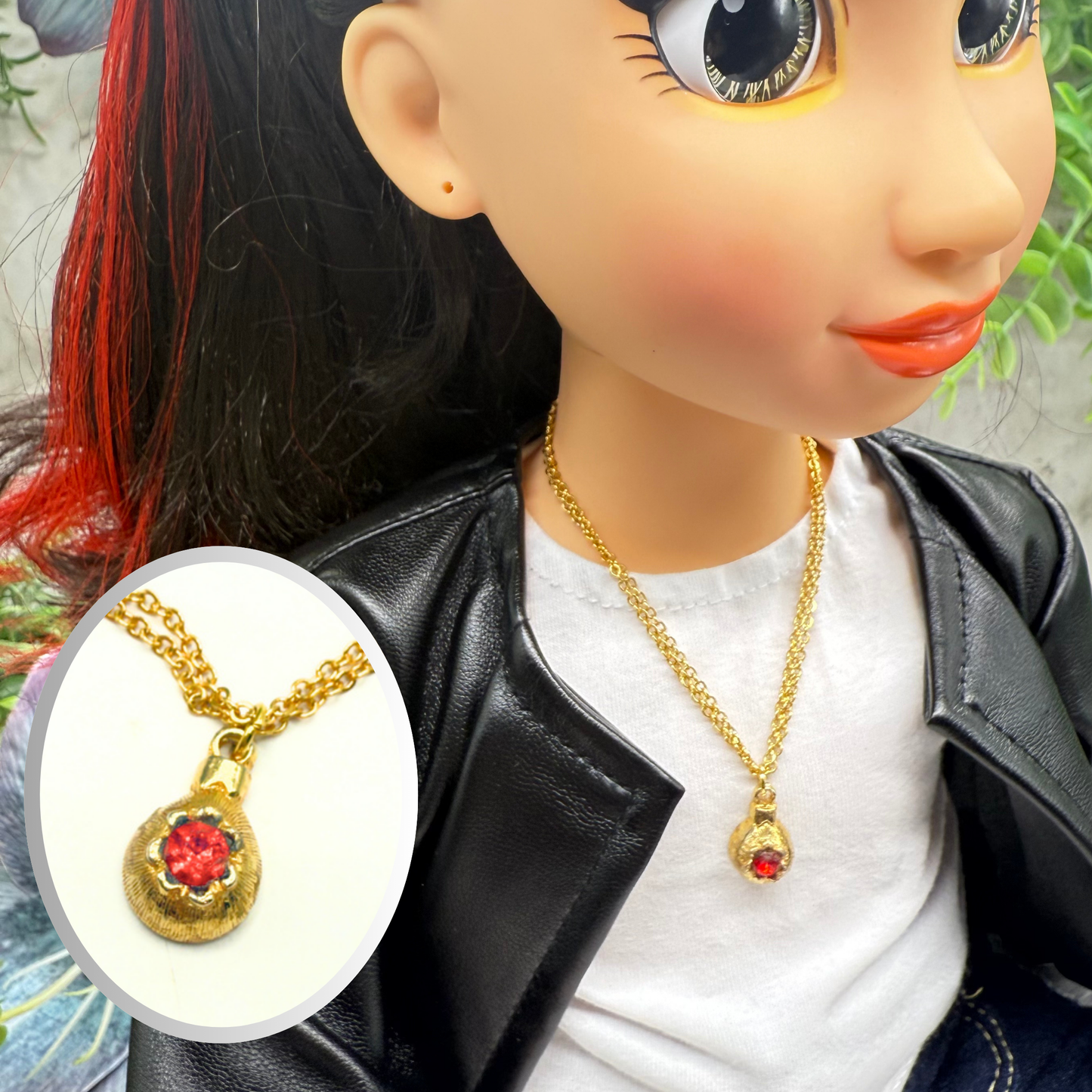 Gold Christmas Ornament Charm Red Rhinestone Doll Necklace • 18 Inch Fashion Doll Jewelry