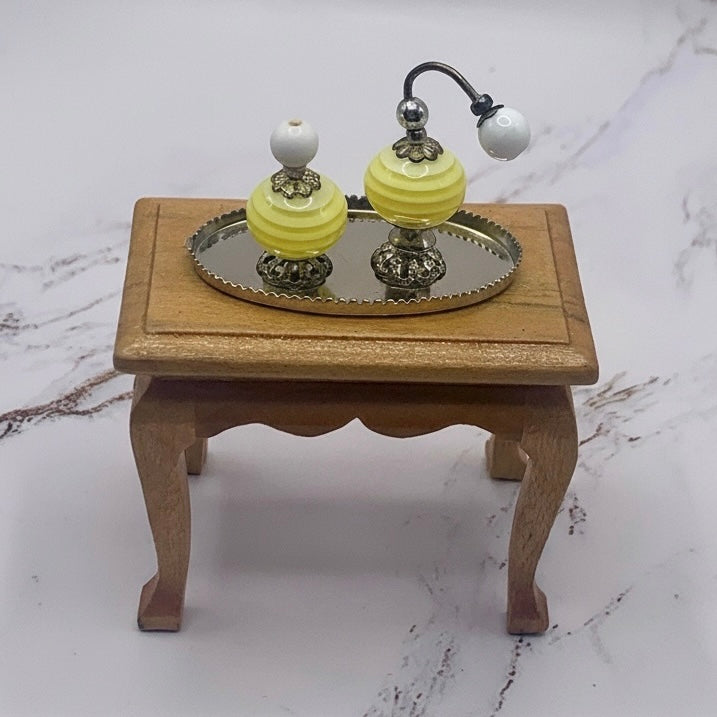 Yellow Swirl Perfume Bottle Set and Silver Vanity Tray • Dollhouse Miniature
