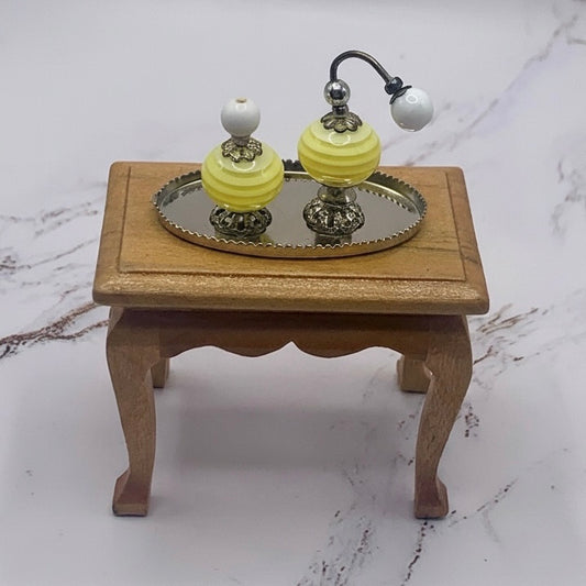 Yellow Swirl Perfume Bottle Set and Silver Vanity Tray • Dollhouse Miniature