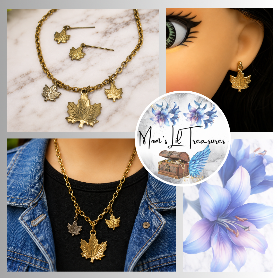 Gold Leaf Charm Dangle Doll Necklace Earrings Set • 18 Inch Fashion Doll Jewelry