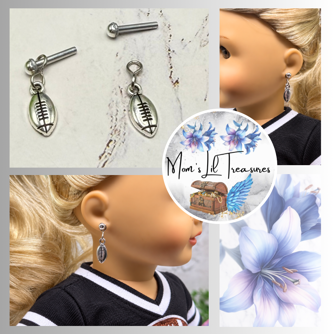 Silver Football Sports Charm 2mm Post Doll Earrings | for 18 Inch Dolls • American Girl