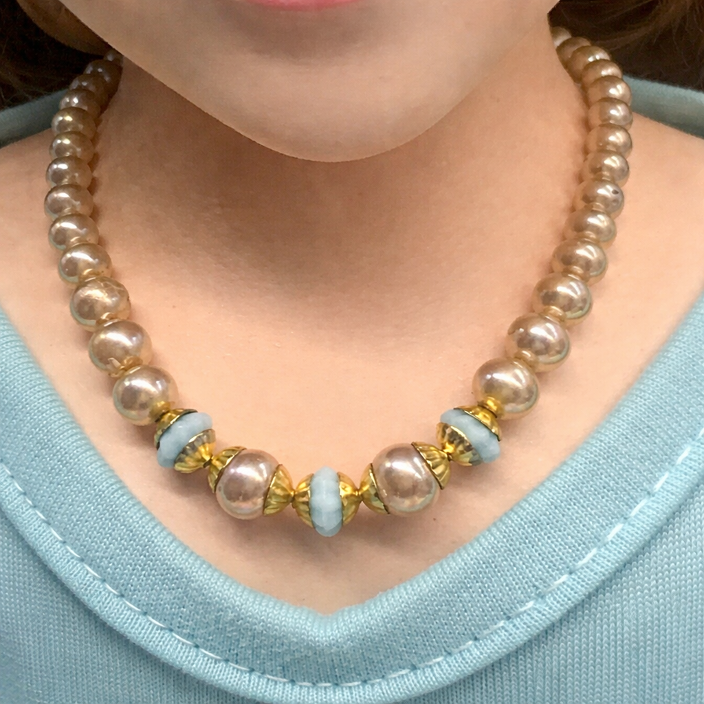 Pearl & Baby Blue Glass Bead Doll Necklace for 18-22” Vintage Doll Jewelry