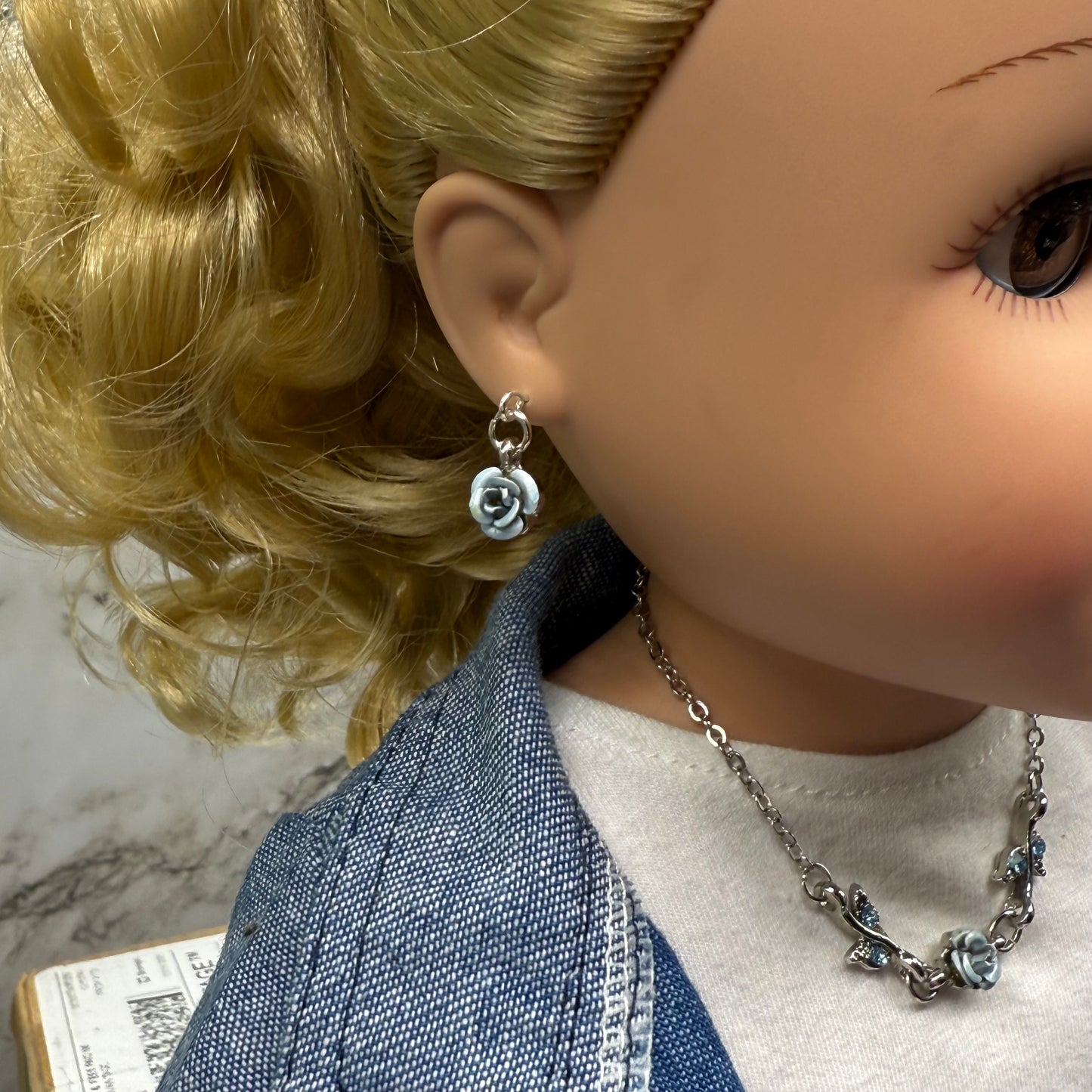 Light Blue Rose Enamel Rhinestone Silver Doll Necklace & Earrings Set • 18 Inch Fashion Doll Jewelry