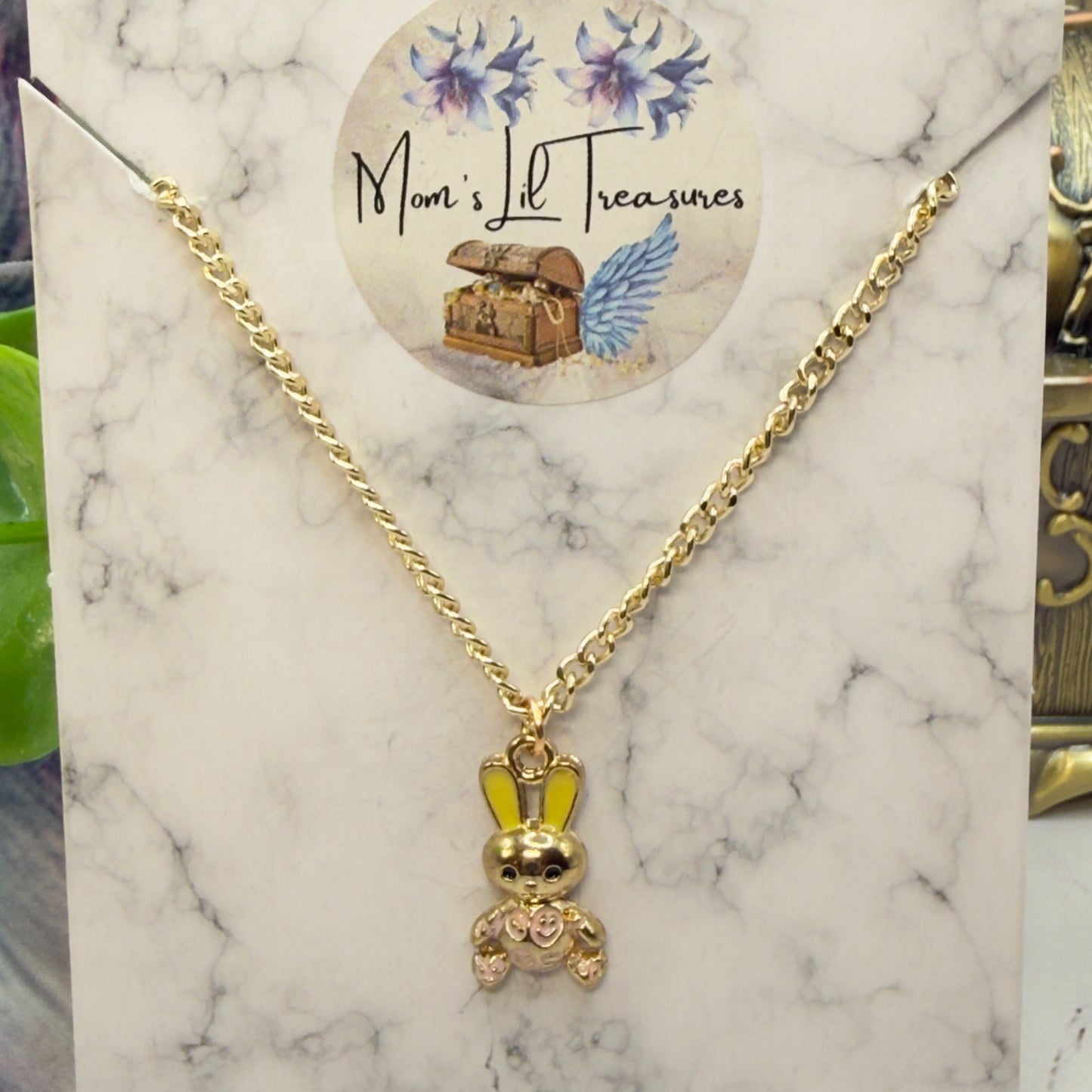 Bunny Yellow & Pink Enamel Detail Charm Doll Necklace Easter • 18 Inch Fashion Doll Jewelry