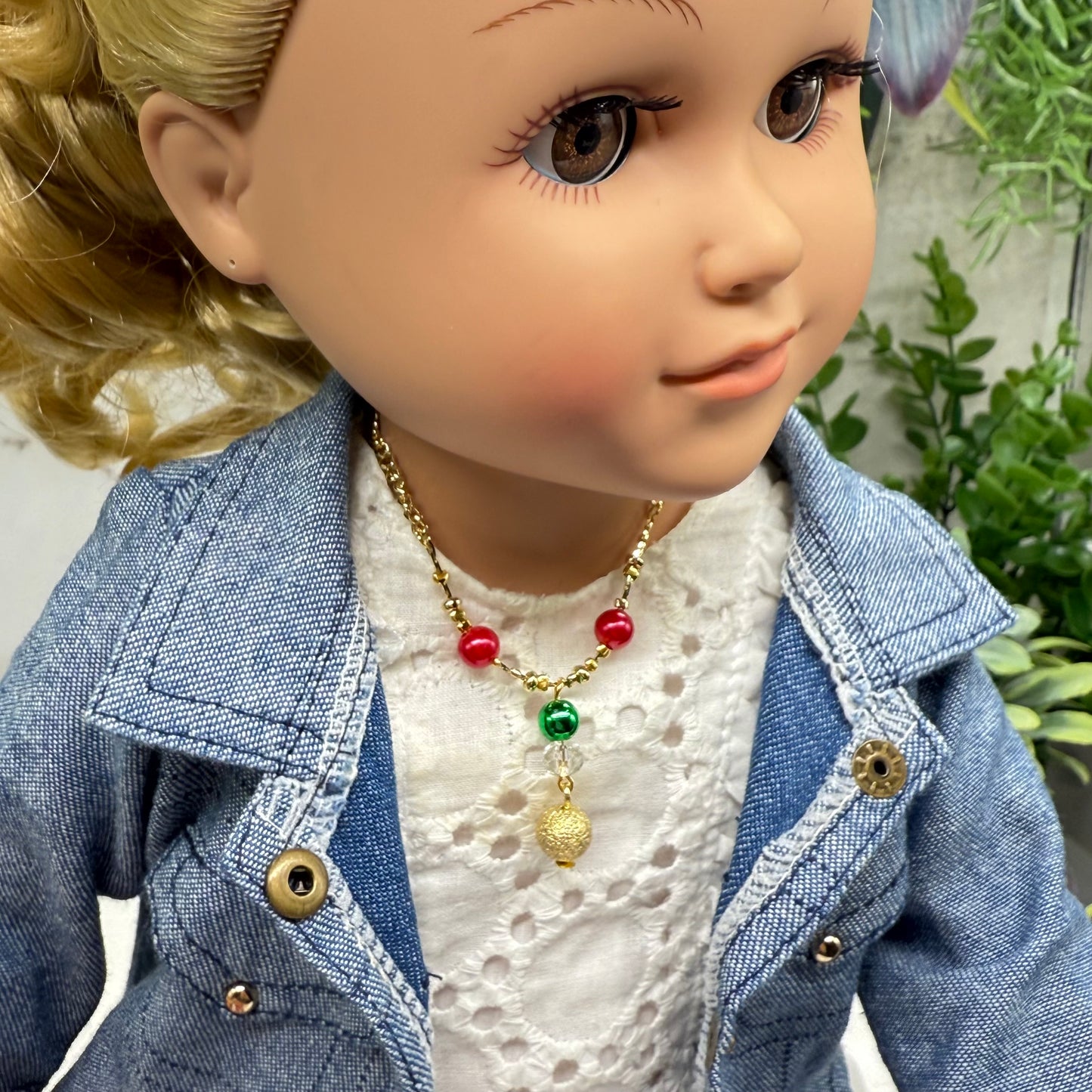 Red Green Christmas Pearl Bead Gold Chain Doll Necklace • 18 Inch Fashion Doll Jewelry