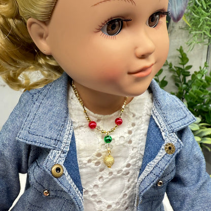 Red Green Christmas Pearl Bead Gold Chain Doll Necklace • 18 Inch Fashion Doll Jewelry