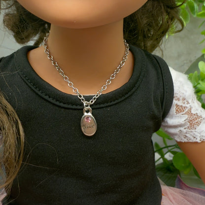 Oval Silver Pendant Etched Love Pink Rhinestone Accent Doll Necklace • 18 Inch Fashion Doll Jewelry