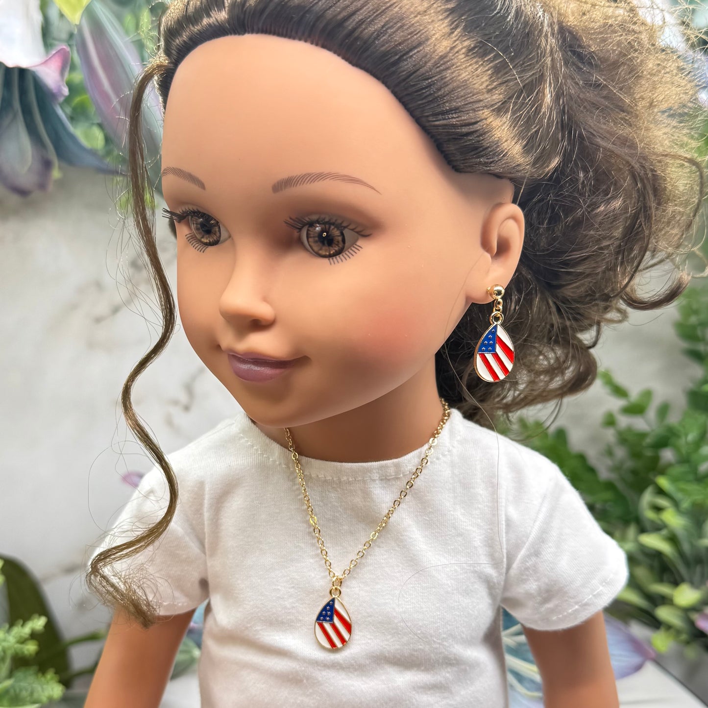 Red White Blue Teardrop Flag Patriotic Gold Doll Necklace & Earrings Set for 18 Inch Fashion Doll
