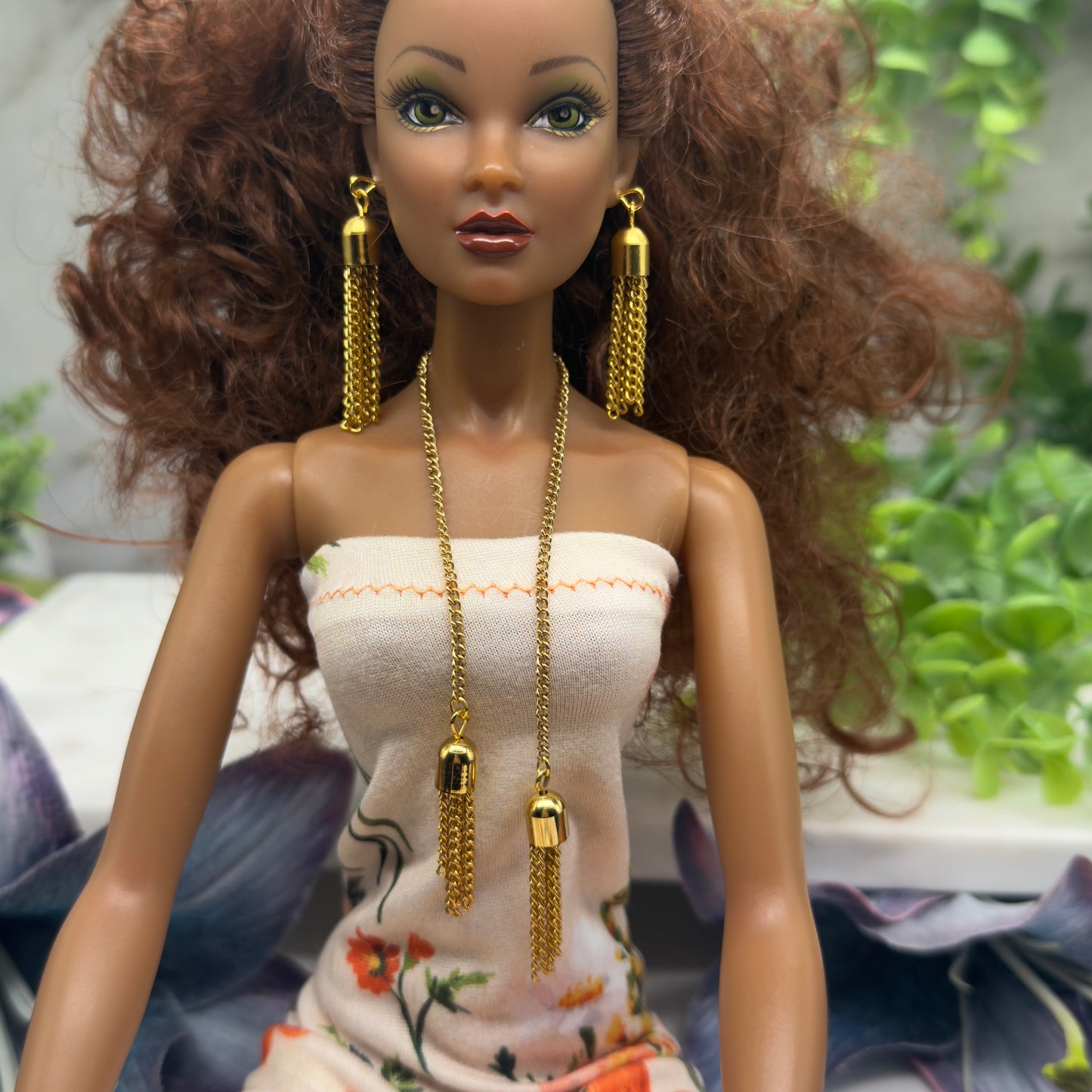 Gold Chain Tassel Wrap Doll Necklace Earring Set • 16 Inch Doll Jewelry