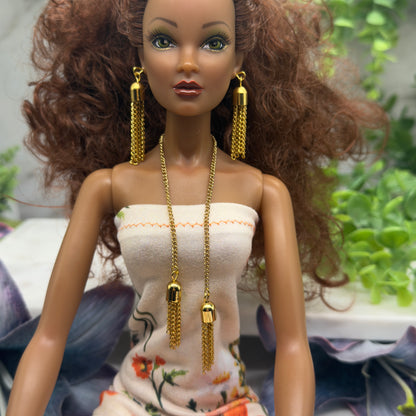 Gold Chain Tassel Wrap Doll Necklace Earring Set • 16 Inch Doll Jewelry