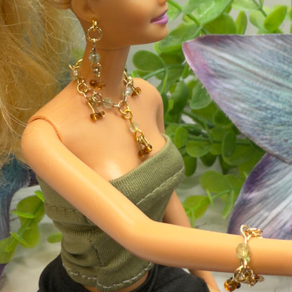 Green Brown Glass Dangle Doll Necklace Earrings Bracelet Set • 10-12” 1:6 Fashion Doll Jewelry