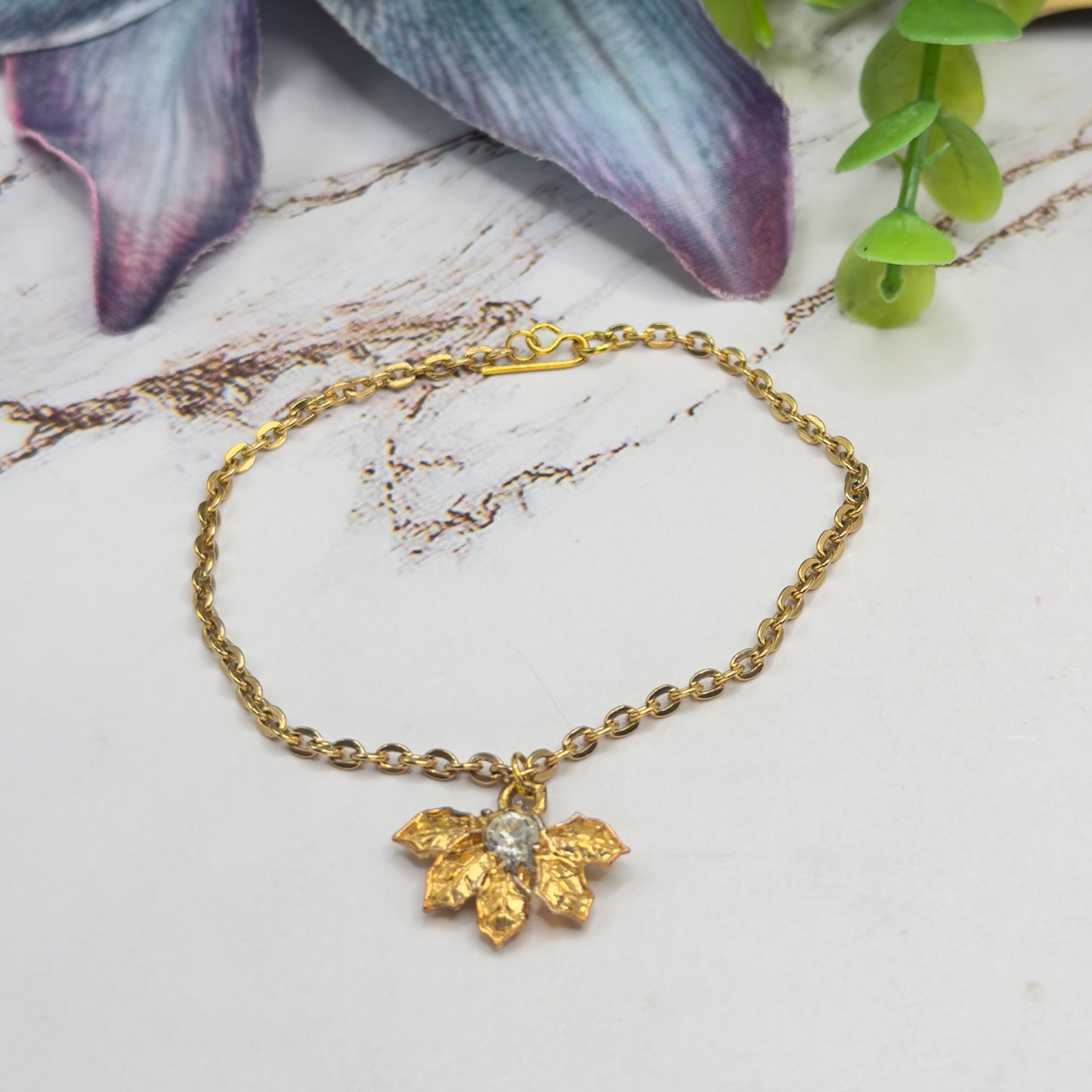 Textured Leaf Clear Rhinestone Gold Pendant Doll Necklace • 18 Inch Fashion Doll Jewelry